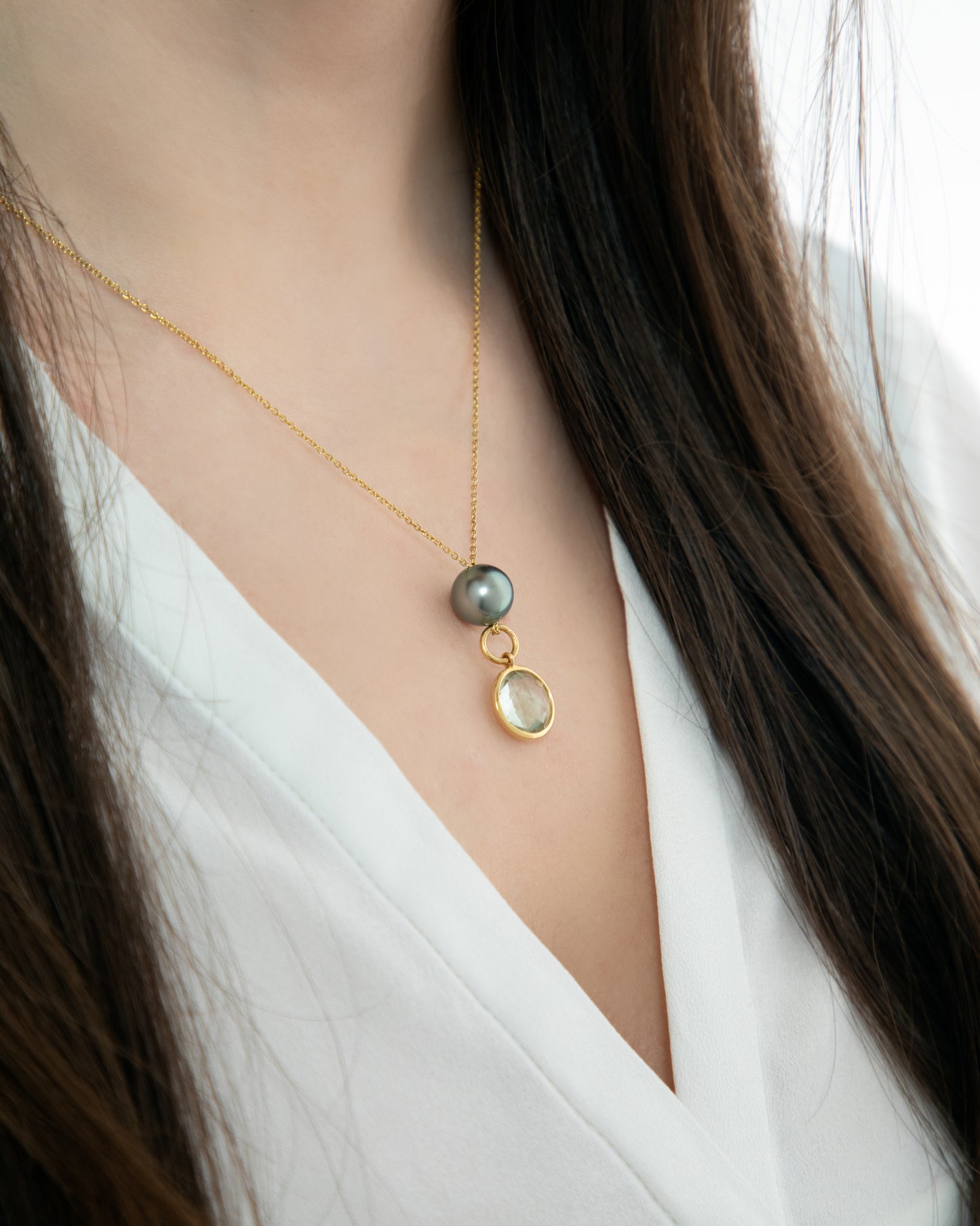 Citrine or Green Amethyst with Tahitian pearl pendant